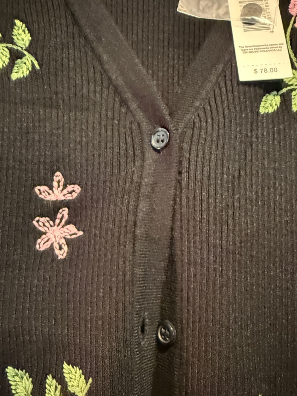 Tahari Black Short-Sleeve Cardigan with Pink Floral Embroidery Beautiful! XL NWT - Picture 6 of 7